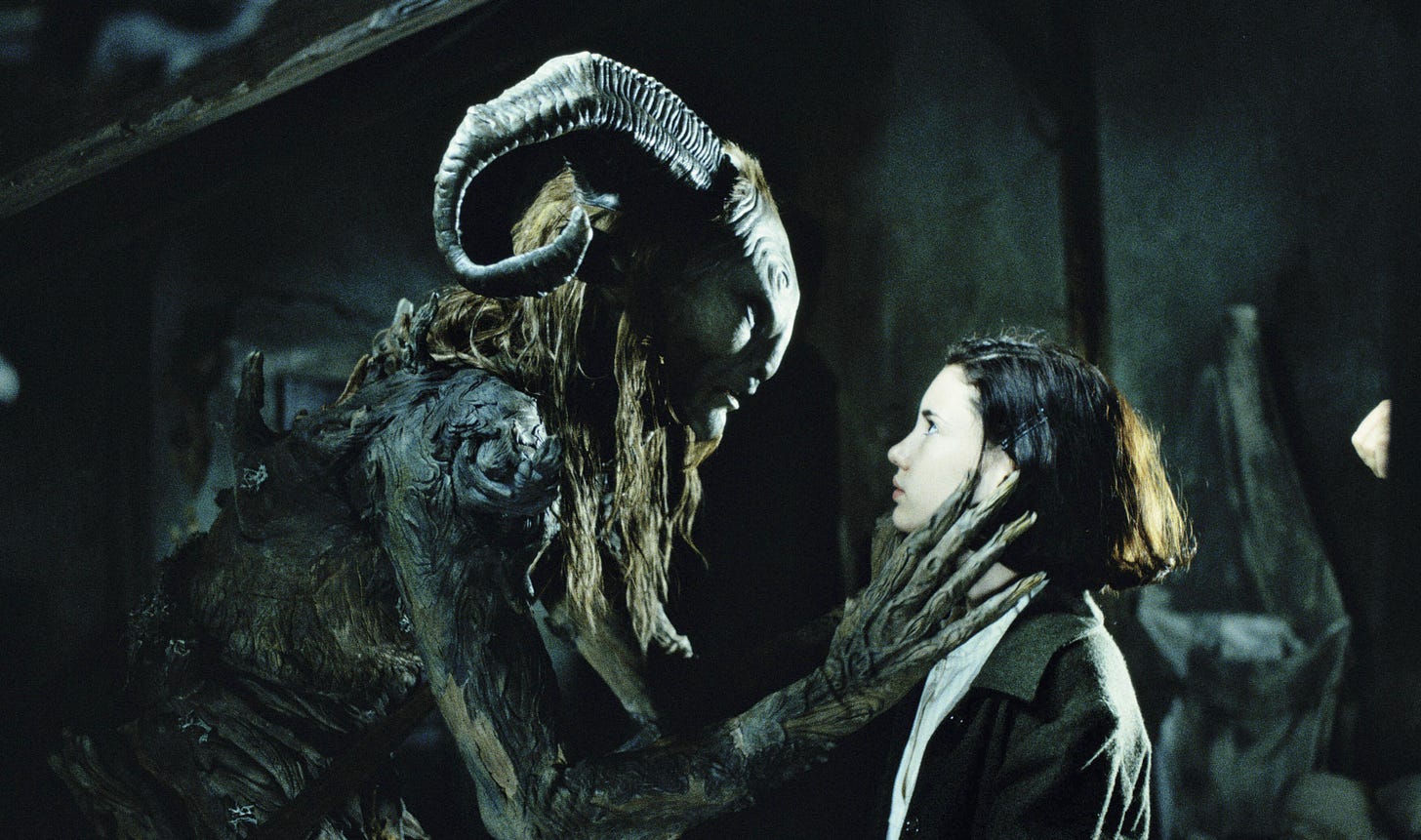 In Pan’s Labyrinth, Ofelia, played by Ivana Baquero, meets the Faun, played by Doug Jones and voiced by Pablo Adán