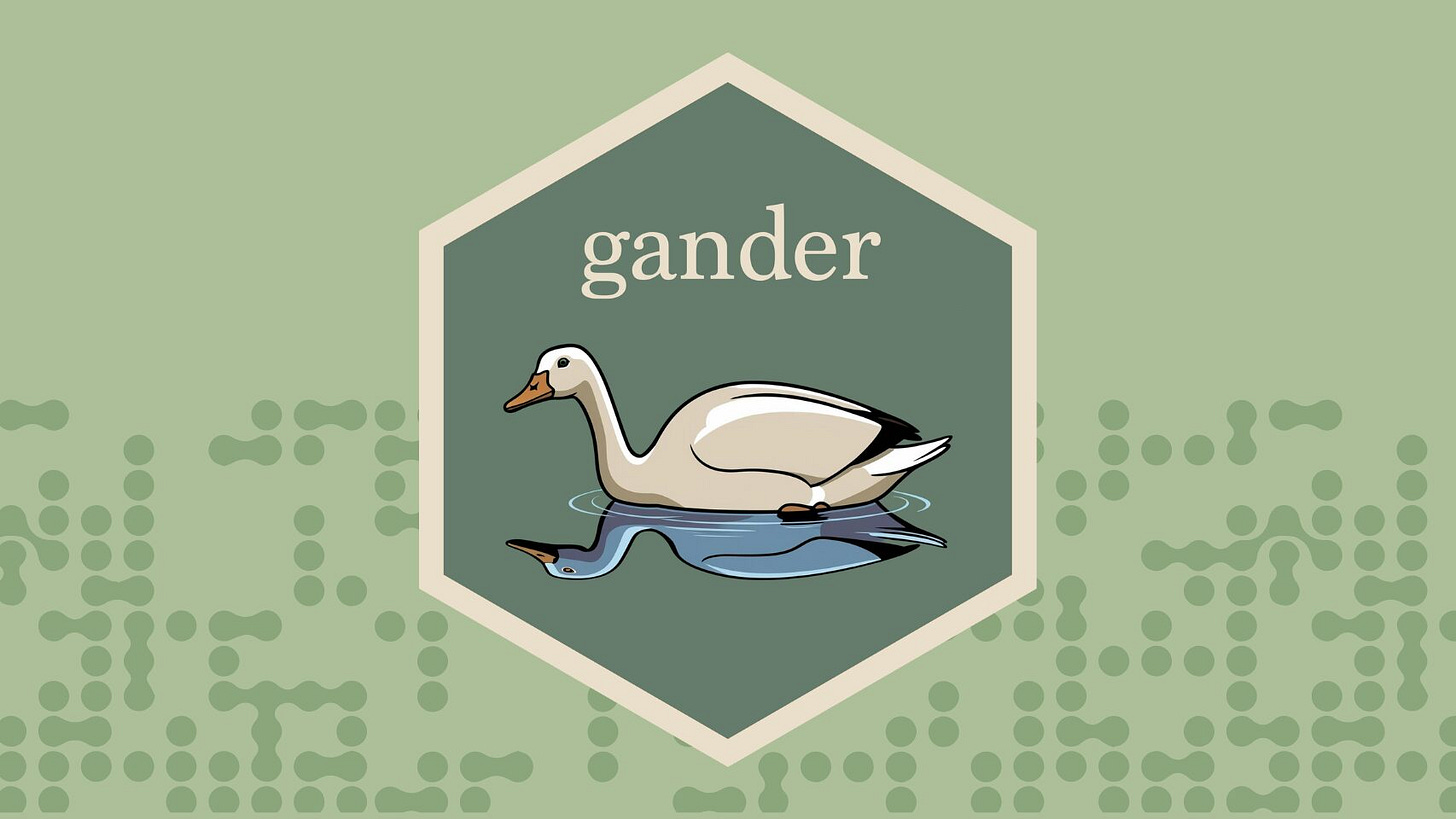 The hex sticker for the gander package: a cartoonish goose swims on a green background with a blue 'reflection' below it.