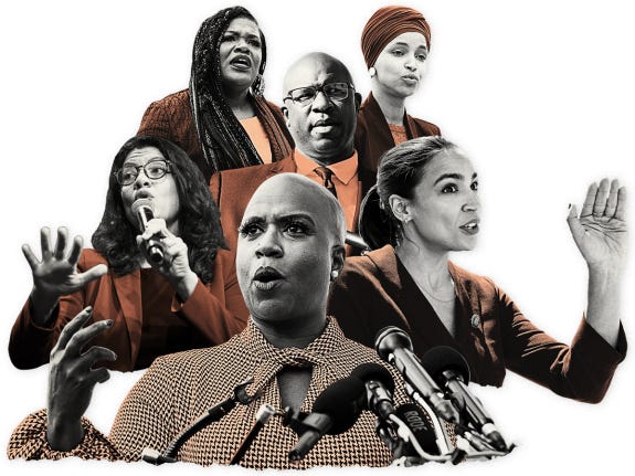 A photo illustration of Rashida Tlaib, Cori Bush, Jamaal Bowman, Ilhan Omar, Alexandria Ocasio-Cortez, and Ayanna Pressley