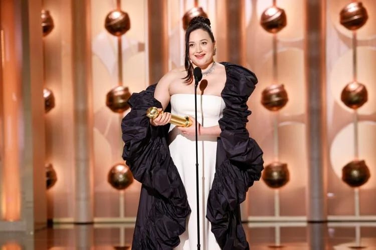 Lily Gladstone accepting the Golden Globe for Best Actress in Killers of the Flower Moon
