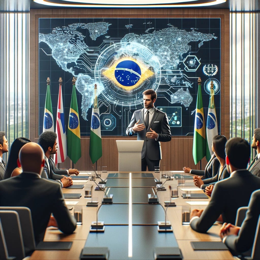 A formal presentation scene in an office environment where a Brazilian government official is presenting a proposal for Artificial Intelligence (AI) regulation in Brazil. The room is modern, with a large digital screen displaying a map of Brazil alongside flags of Europe and the USA. The official, a middle-aged Latin American man, is dressed in a business suit and is speaking to a diverse group of attentive listeners from different ethnic backgrounds. The atmosphere is professional and focused on technological and legal aspects.
