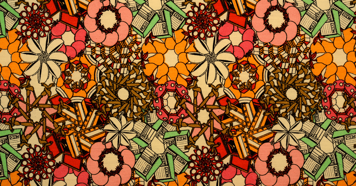 Vintage 1960s fabric. Multicolored material in orange, green, black, pink, and brown.