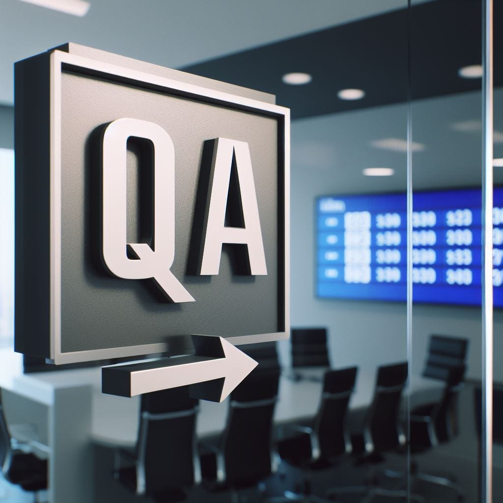 image shows a sign for "QA" (Quality Assurance) and an arrow pointing to the right. The sign is on the outside of a glass-walled conference room.