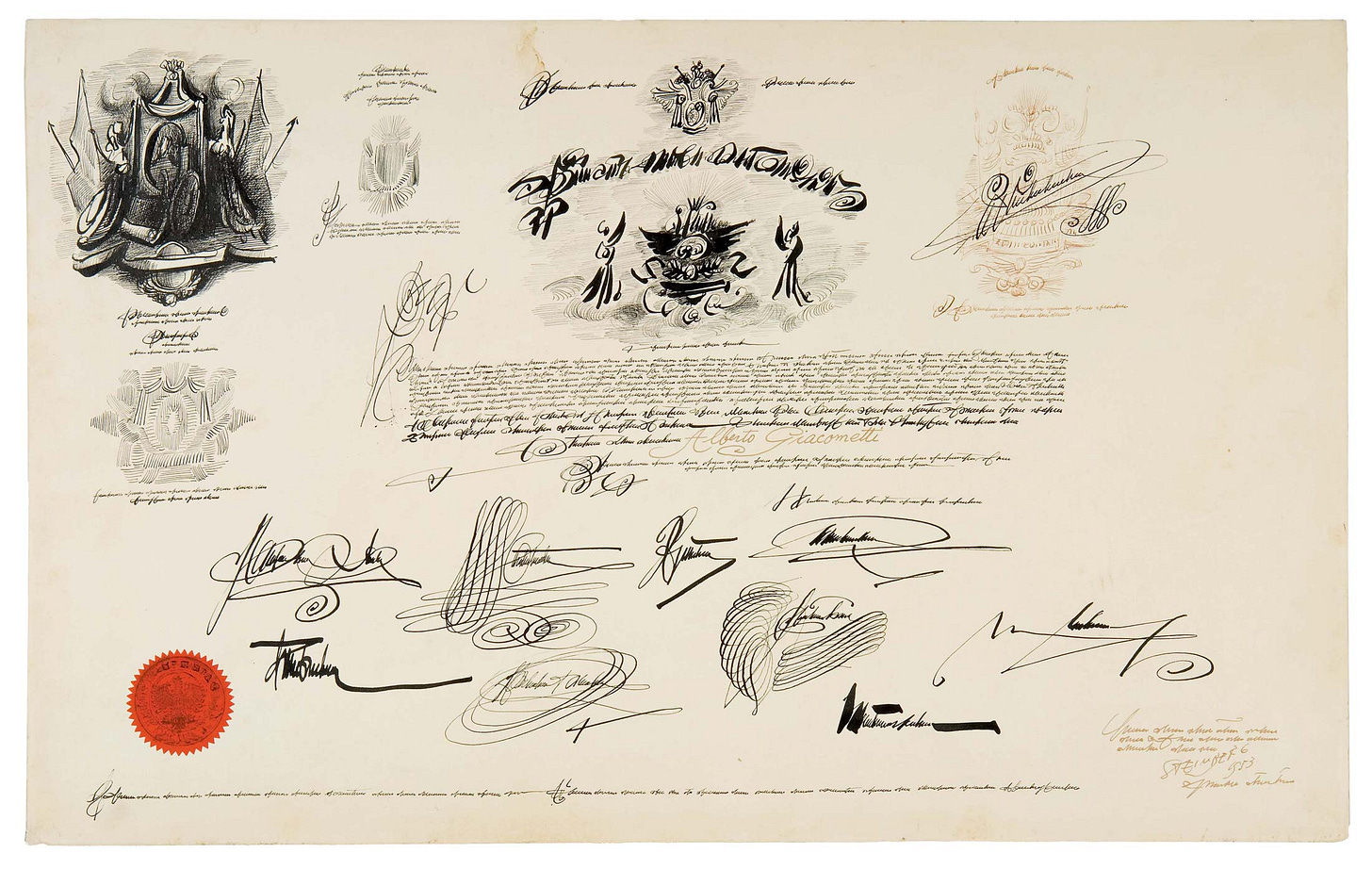 <em>Diploma for Alberto Giacometti</em>, 1953. Ink, rubber stamp, and seal on vellum, 14 ½ x 23 in. Fondation Giacometti, Paris.