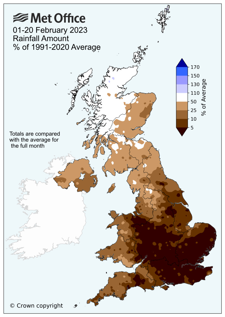 Map the the UK's rainfall from 1-20 February 2023 versus the average for the whole month. The map shows a much drier than average UK, especially in the south. 