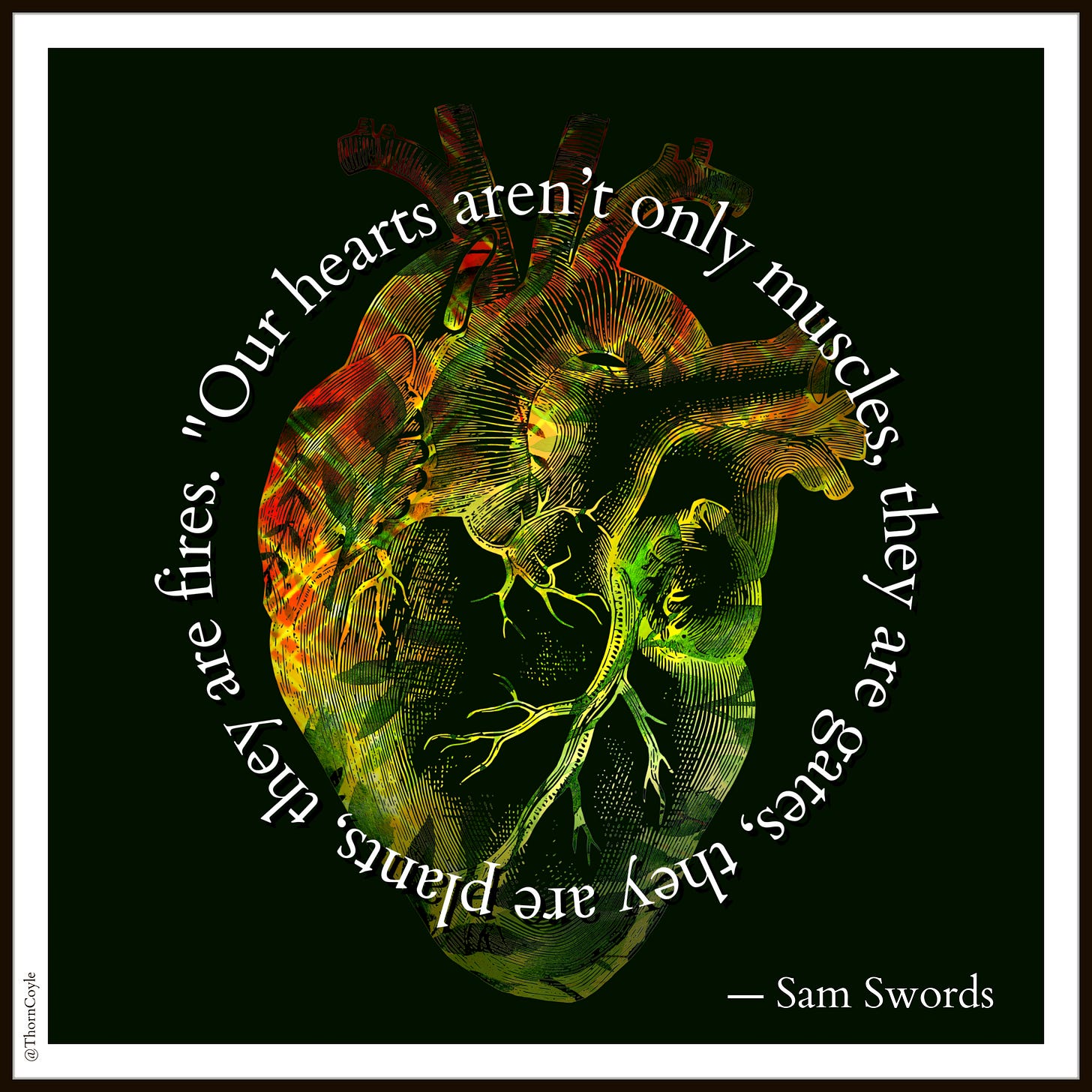 a heart filled with plants, light, and fire, surrounded by a quote in a circle: our hearts aren't only muscles, they are gates, they are plants, they are fires.