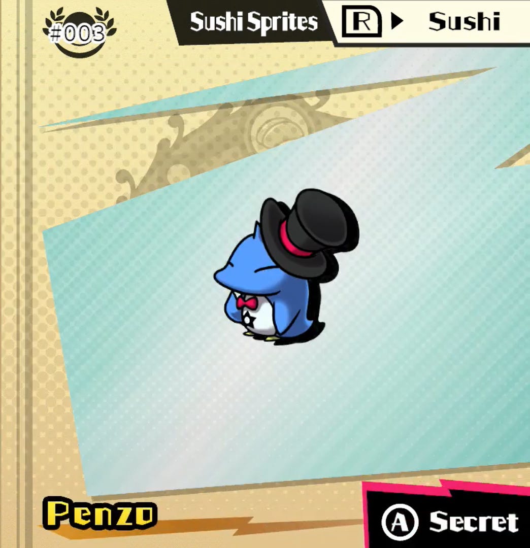 A screenshot showing a Sushi Sprite named Penzo, a little penguin in a tophat