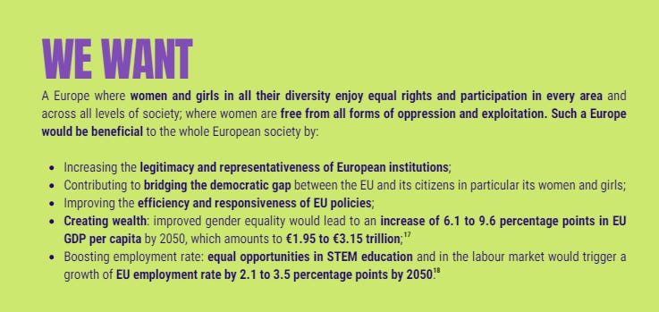 Feminist election manifesto that demands a Europe where women and girls in all diversity enjoy equal opportunities and freedom from discrimination