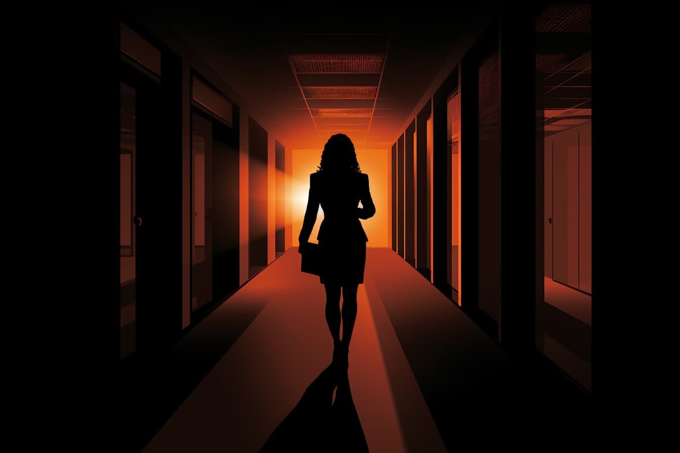 Silhouette of a woman walking down an office hallway toward a bright light