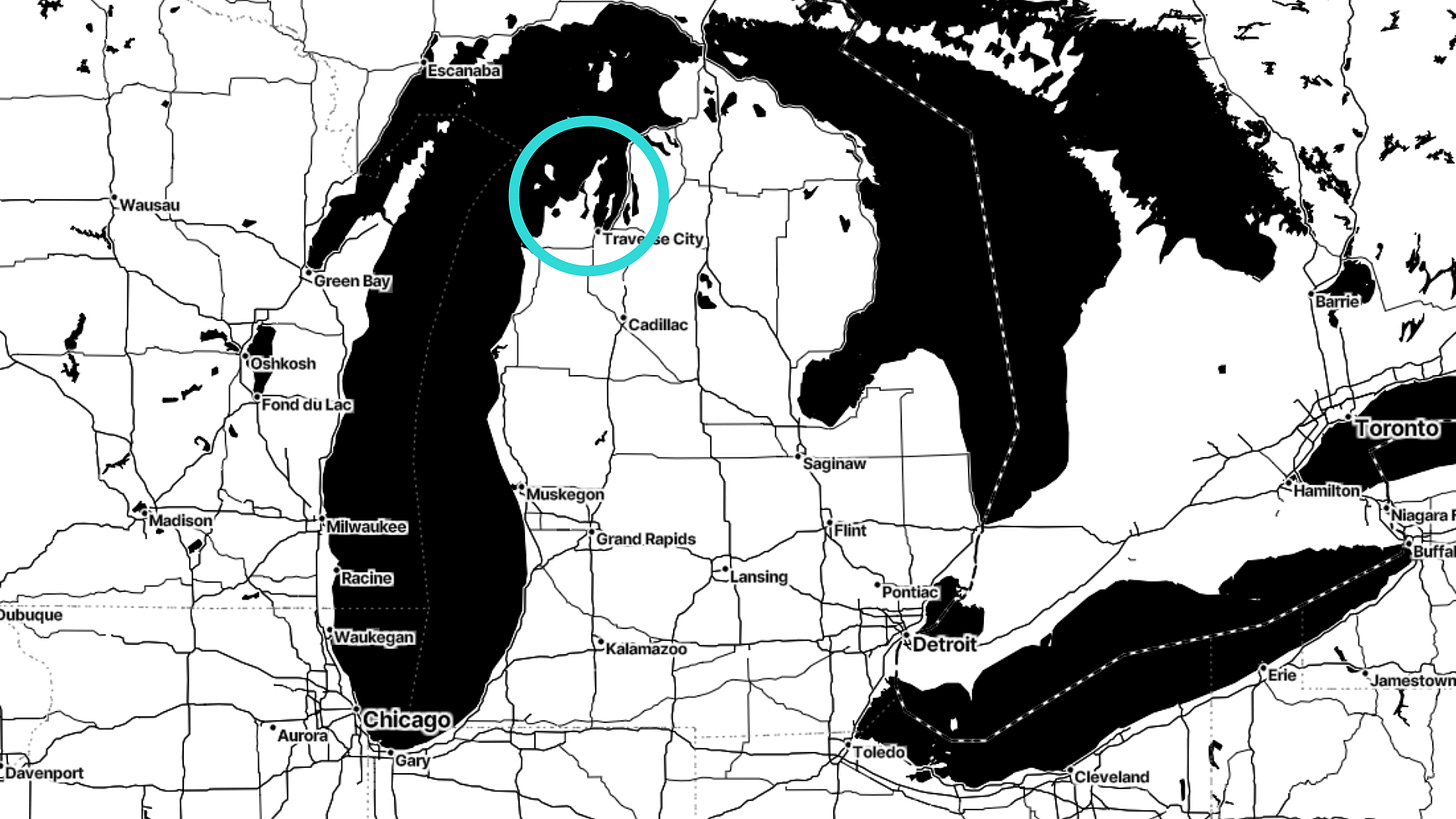 Map of Michigan with Leelanau Peninsula, Old Mission Peninsula, and the Traverse City area circled.