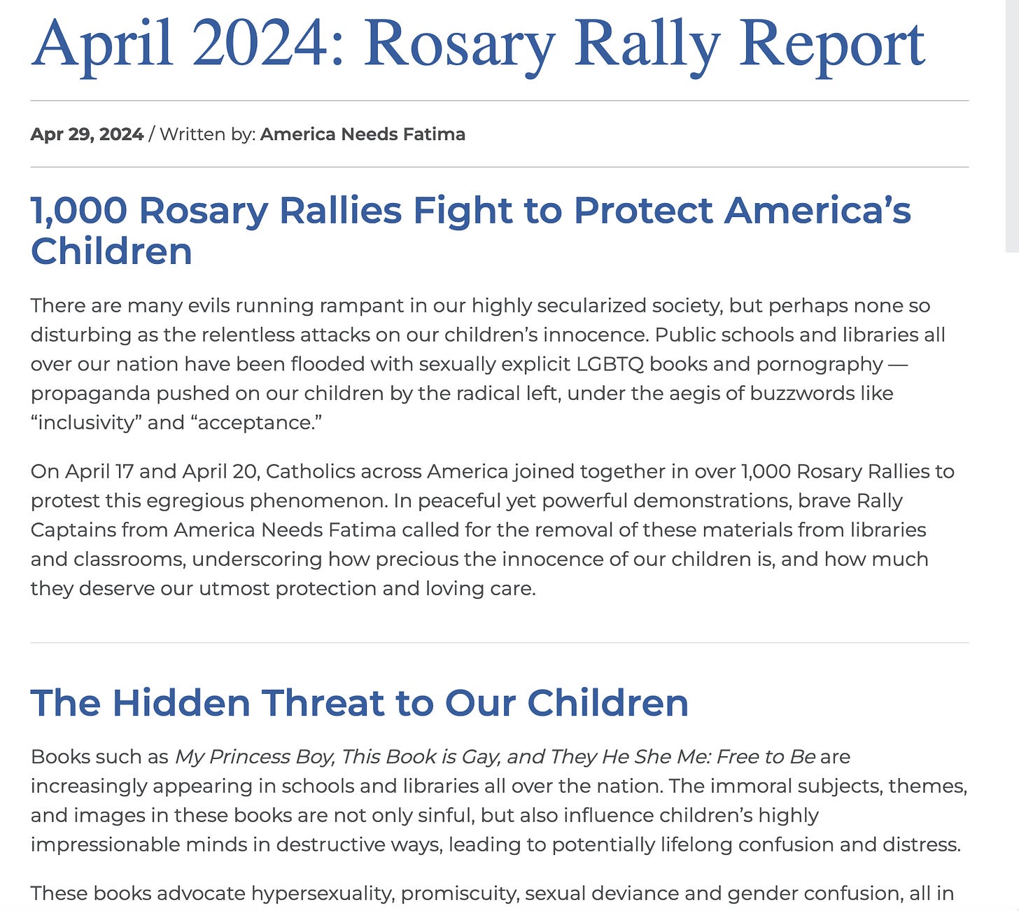 Screen shot of the "rosary rally report" from america needs fatima, which targeted libraries over the made up panic related to books in the collections. 