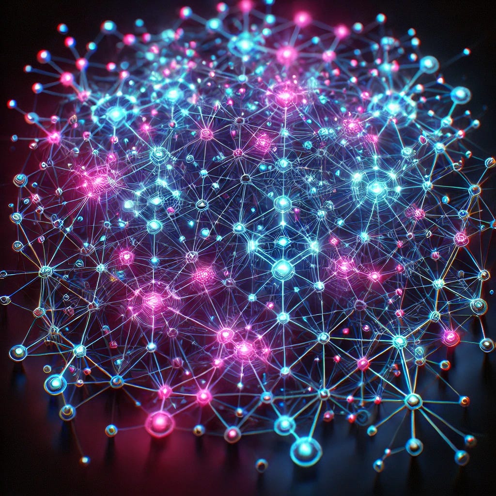 A dense, glowing sci-fi network graph, resembling a complex interconnected web of nodes and lines. The graph should appear futuristic, with vibrant neon colors like electric blue and purple glowing on a dark background. Each node should be connected to many others, creating a tightly woven structure similar to a neural network or digital brain. The overall aesthetic should feel high-tech, as if part of an advanced computer interface or holographic display.