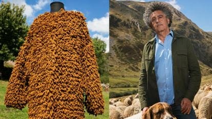 Abrigo de punto Loral, hecho a mano, como parte de la colección cápsula de lana regenerativa de Ecoalf y Alberto Díaz, fundador del proyecto Made in Slow, para proteger la trashumancia.