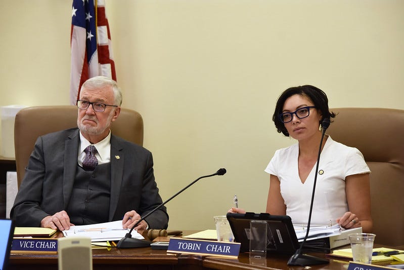 Senate President Stevens and Senate Education Chair Tobin listening to Acting Commissioner of Department of Education and Early Development Heidi Teshner provide an department overview