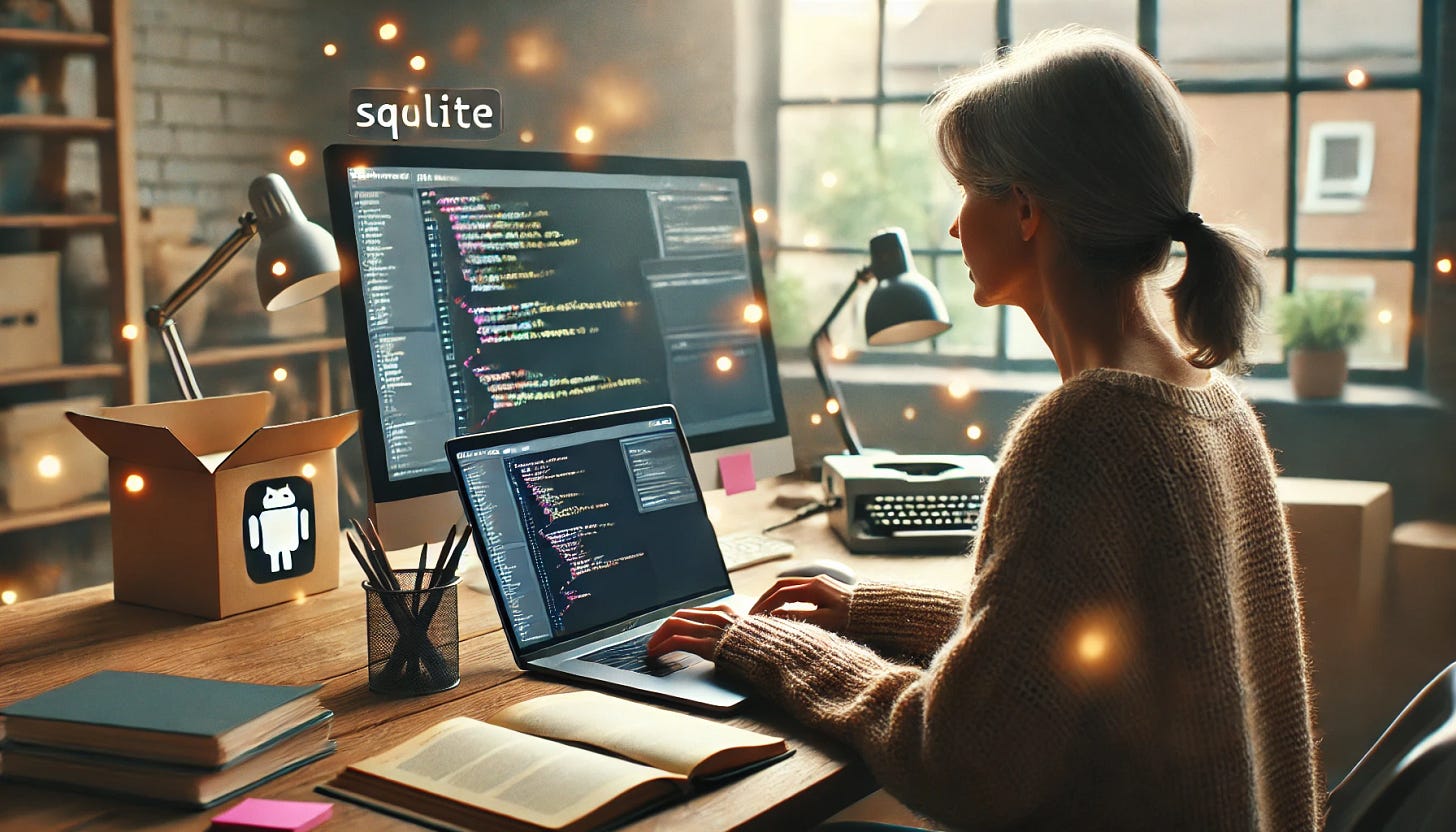 A woman learning to code with a laptop, with code visible on the screen.