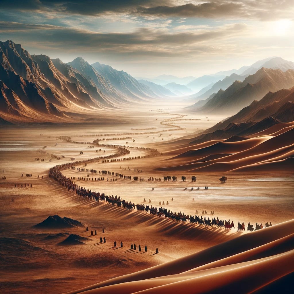 Create an image of a majestic, treeless landscape, reminiscent of a desert scene. There are two great lines of people traversing this landscape. One line of people, styled like the tribes of Israel crossing the desert, extends towards the right of the frame, indicating a long journey ahead. The other line, to the left, has petered out in the middle distance, giving the impression that it has run out of people. The landscape should be vast and barren, emphasizing the contrast between the endless journey of one group and the abrupt end of the other. The people should be depicted in a historical or biblical style, wearing traditional desert traveling clothes, and the overall scene should have an epic, timeless quality.