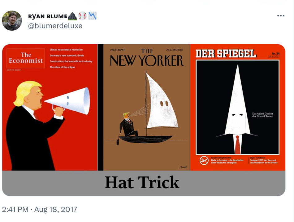 Three prominent magazine covers depict Trump as KKK