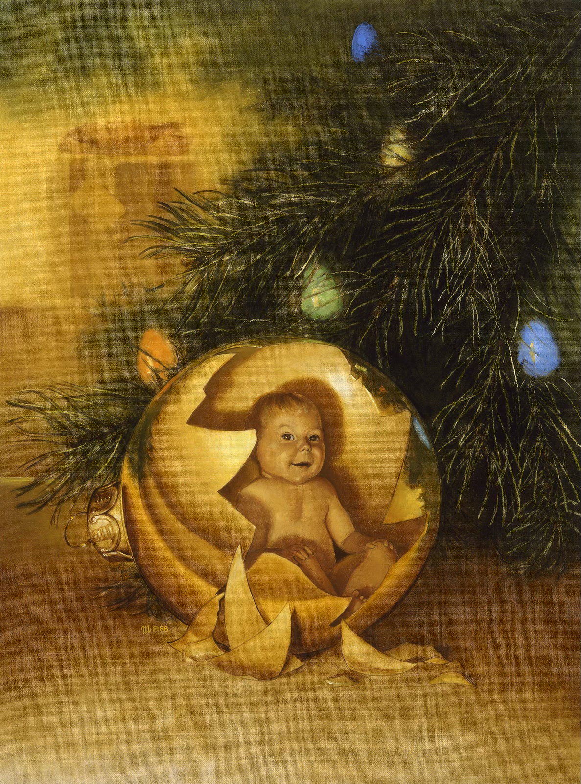 Inside a shattered ornament is a baby smiling with hands resting on chunky knees. Behind rendered photo-realistically are the needles of a limb of the Christmas tree which has apparently turned on its side. Bulbous lights in yellow, green, and blue are string on the branch. In the distant background is a more loosely rendered present wrapped in yellow with an elegant bow.