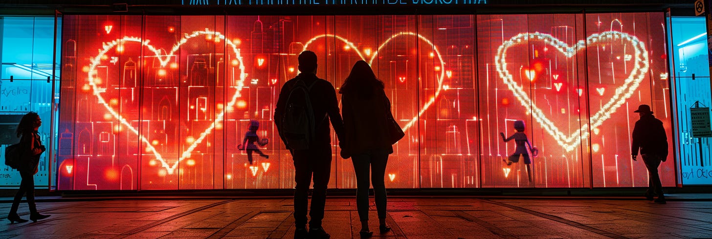 A couple holding hands and looking at a bright digital display with animated hearts in a city setting at night. Silhouettes of other pedestrians are also visible.