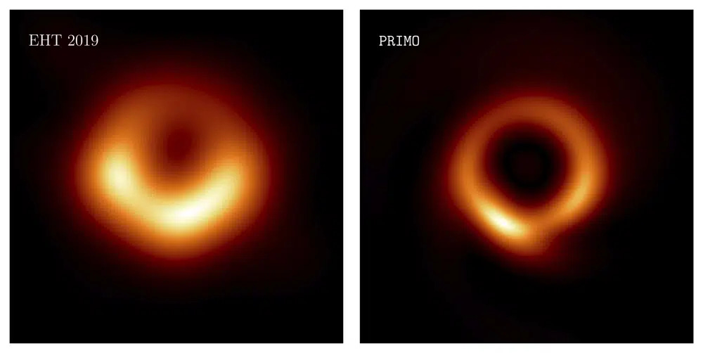 This combination of images provided by researcher Lia Medeiros shows images of the M87 black hole released in 2019, left, and an updated one for 2023. The new version, published Thursday, April 13, 2023, in the Astrophysical Journal Letters — keeps the original shape, but with a skinnier ring and a sharper resolution. Even with many telescopes working together, gaps remained in the data. In the latest study, scientists relied on the same data and used machine learning to fill in the missing pieces. (Lia Medeiros via AP)