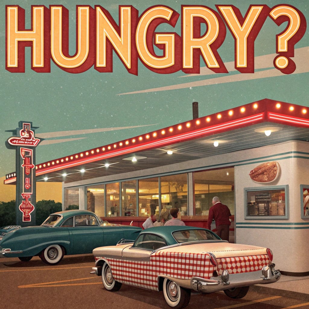 Vintage 1950s poster for a diner with the word "Hungry?" by Recraft V3