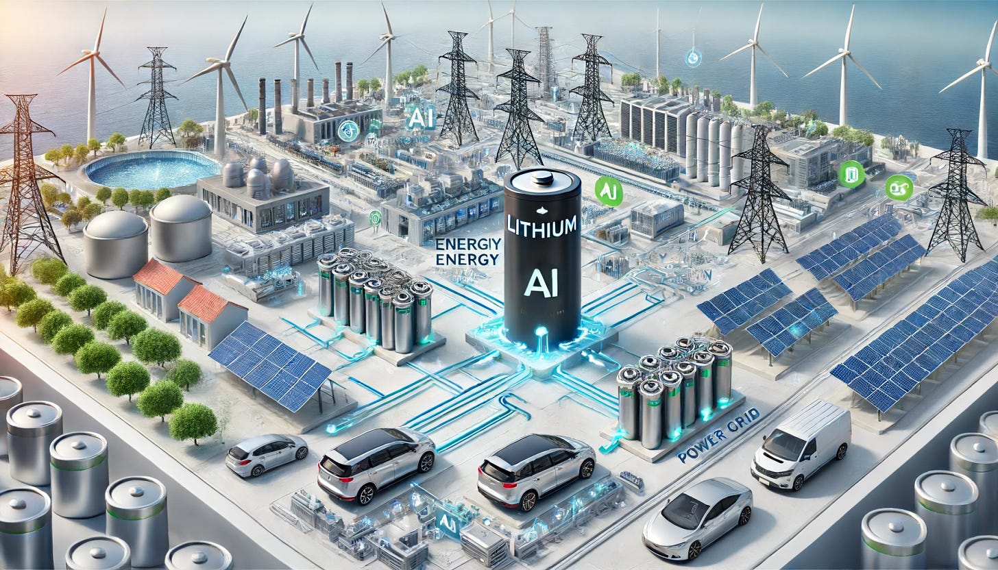 A detailed illustration showing the role of lithium in power grid expansion. The image features a modern power grid with high-voltage power lines connected to AI data centers and electric vehicle charging stations. Highlight lithium batteries as energy storage units placed between renewable energy sources (like wind turbines and solar panels) and the power grid. Depict the integration of these elements in a futuristic cityscape with AI data centers and numerous electric vehicles. Use arrows and labels to show the flow of energy from renewable sources to lithium storage units, then to data centers and charging stations.