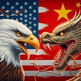 Does America hate china? American bald eagle and chinese dragon glaring at each other