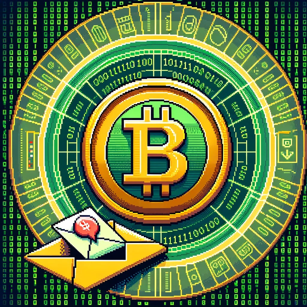 Create a pixel art scene that includes a Bitcoin logo and an email icon. The Bitcoin logo should be centered prominently in the image, with a large, golden B with two vertical lines running through it, set against a circular background. The email icon should be placed to the side, depicted as a traditional envelope with a red flag, symbolizing an unread message. The background should be filled with digital, matrix-style green binary code, adding to the tech-savvy theme of the image. The overall aesthetic should be vibrant, with sharp contrasts and a nod to retro gaming culture.