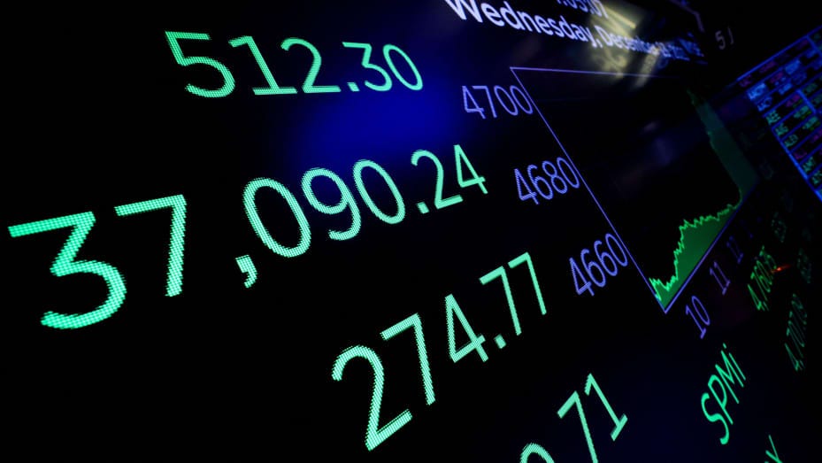 A screen displays the Dow Jones Industrial Average after the closing bell on the floor at the New York Stock Exchange (NYSE) in New York City, U.S., December 13, 2023. REUTERS/Brendan McDermid