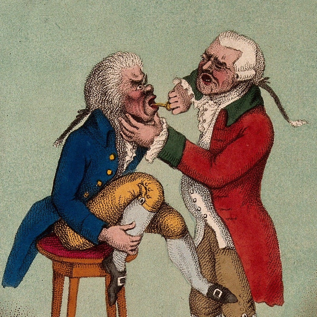 A late 18th-century caricature of a man using an instrument to pull a tooth from the mouth of another man who sits on a high stool.