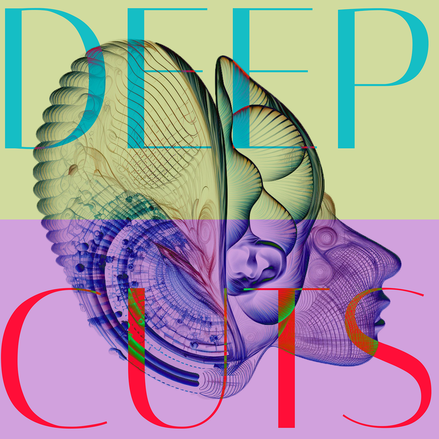 A logo for a podcast with an X-ray style head made out of audio waves. The top half is green and features the word "Deep" in blue. The bottom half is purple and features the word "Cuts" in red