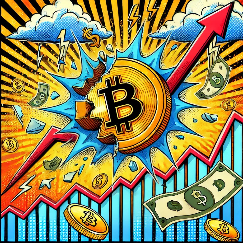 A bold, professional pop-art style illustration titled 'Bitcoin se tambalea y las dudas inundan el mercado'. Featuring a large, golden Bitcoin coin cracking with pieces falling off, a turbulent financial chart with sharp downward arrows, storm clouds above, and dollar bills scattered around. The background should convey market panic with lightning bolts and exaggerated motion lines. Vibrant reds, yellows, and blues with strong contrasts for maximum impact. Clean, minimalistic, and sharp design with a focus on clarity and financial tension. Format: 16:9, 1920x1080 resolution.