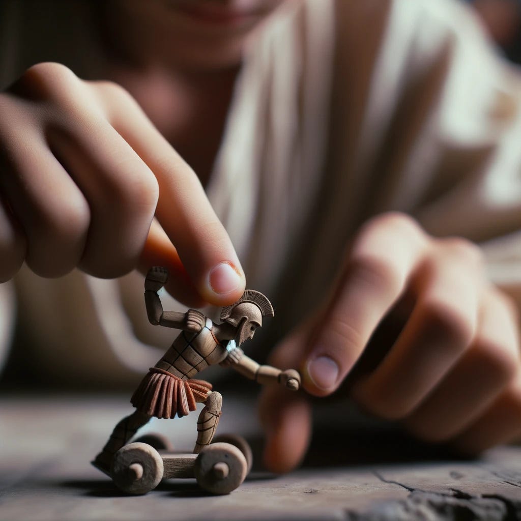 Close-up, photo-realistic depiction of a young boy's hand in Pompeii, 79 CE, intricately playing with a toy wooden gladiator. The details of the toy are sharply in focus, capturing the craftsmanship of the ancient Roman artifact. In the soft, blurry background, the faint glow of an oil lamp can be discerned, adding ambiance to the scene.