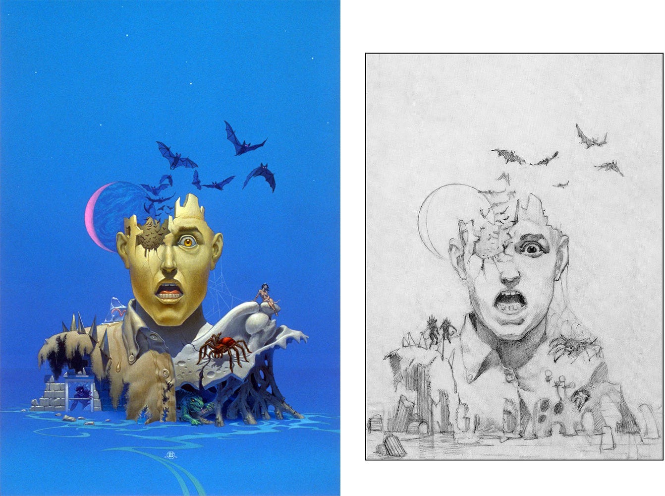 Left: In an arresting montage, horrific elements are set against a serene blue background. Portrayed from the chest up, the figure of a man emerges from water. His torso floats like an island in a calm sea, but his expression is disturbed. Set in amber, one pupil contracts to a dot as his mouth is frozen, gaping in surprise. The top of his head is like a jar shattered. Bats emerge from the hollow of one eye. Half of his torso is covered by a plain beige shirt, the fabric punctured by a thin line of spikes. Encased in ice, a twisting worm rests high on that same shoulder. A fat drop of meltwater trickles down the shirt to where torn fabric drapes into the water. A cinder block wall can be seen half submerged. Cast in shadow, a demonic figure peers out the window set there. The other half of the torso-island is petrified. A succubus reclines on a stone clavicle. A red spider descends down the cratered surface of his chest. Beneath the stone, roots form at water's edge, a creepy substitution of rib bones where a green lizard makes its nest. Right: Preliminary pencil sketch of BLUE FEAR