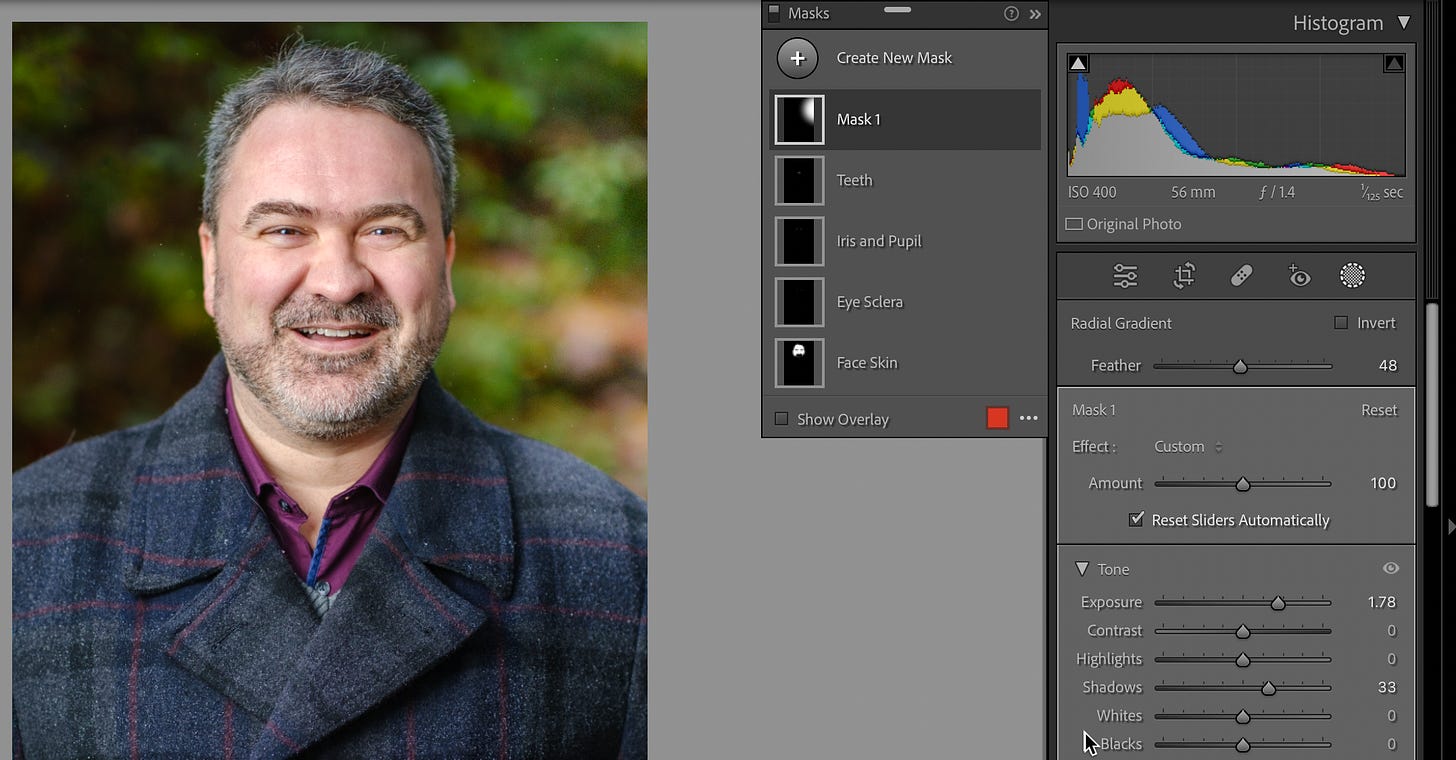 Same photo of the man and the Lightroom interface, but now the side of his face is brighter and the background is much brighter on one side.