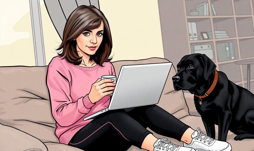 a midlife woman with dark green eyes, shoulder length brown hair with grey streaks, a pink jumper, black jogging bottoms and white trainers. She is working on a laptop writing "Mum's Midlife Crisis"and drinking coffee. A black labrador with a brown collar is nearby.