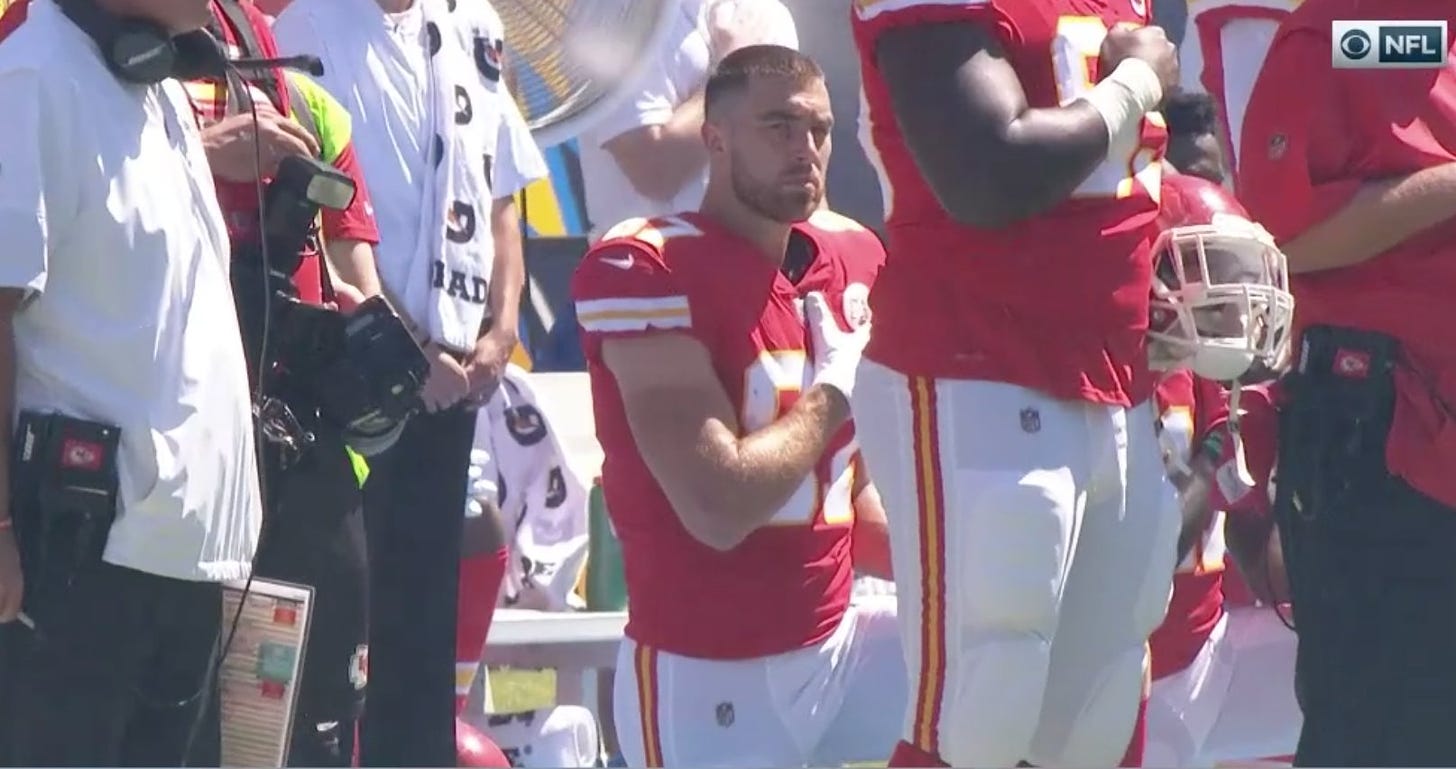 TOM MARTIN on X: "#Chiefs' Travis Kelce taking a knee during the national  anthem. https://t.co/sb4arsL2sM" / X