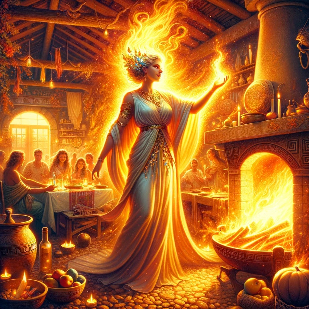 Visualize Hestia, the Greek goddess of the hearth, in a powerful and flourishing state, where she is seen as the embodiment of strength, warmth, and the nurturing essence of home. This scene captures her in the heart of a vibrant and thriving Greek household, where the hearth is central, glowing brightly as the source of life and warmth. Hestia stands confidently beside the hearth, her figure bathed in the warm glow of the fire, symbolizing her vital role in bringing light and warmth to the home. She is dressed in a robe that catches the firelight, shimmering with hues of gold and red, reflecting her connection to the flame. Her expression is one of profound peace and satisfaction, as she oversees a household filled with laughter, unity, and abundance. The background is alive with the signs of a prosperous home: a well-laden table, healthy plants, and open, welcoming spaces. This image celebrates Hestia’s essence as the protector of the hearth and the nurturer of family and community.