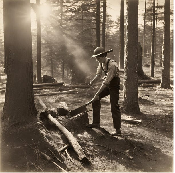 Young man alone in woods chopping down a tree.