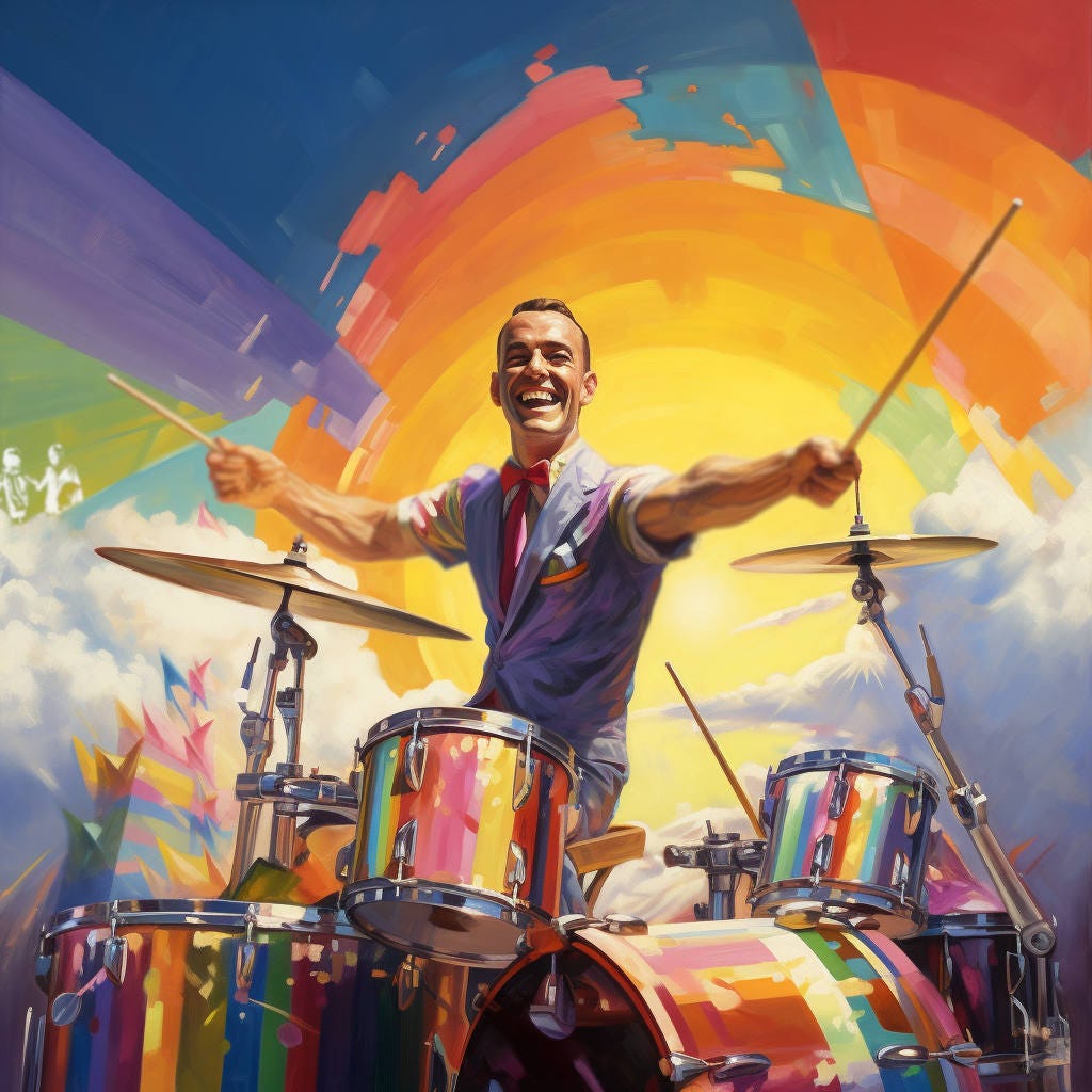 An colourful artistic rendering of a very happy man playing the drums.