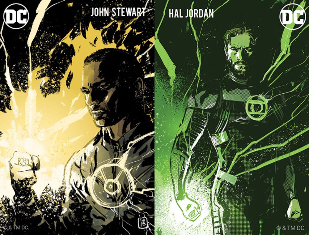 Official artwork of the Green Lanterns Jon Stewart and Hal Jordan.