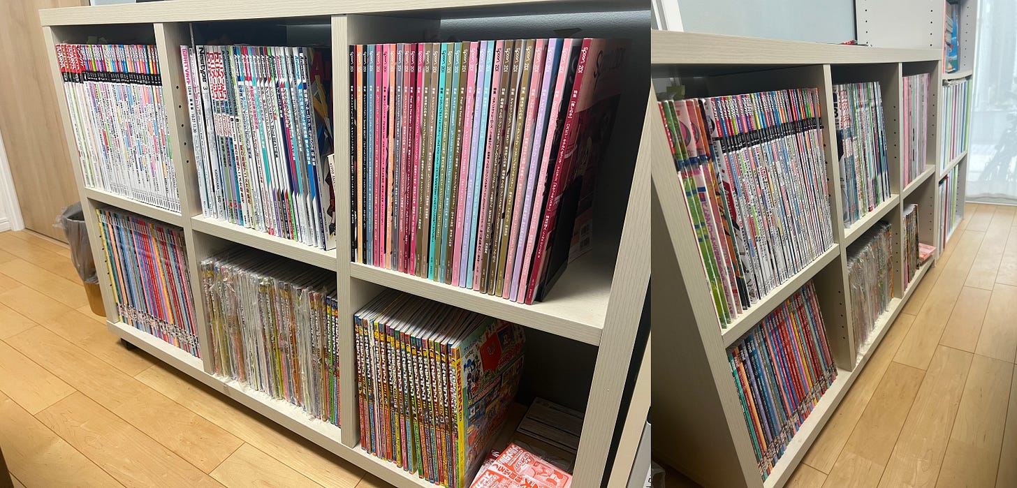 Dogasu's bookcase with a huge number of magazines featuring Pokémon