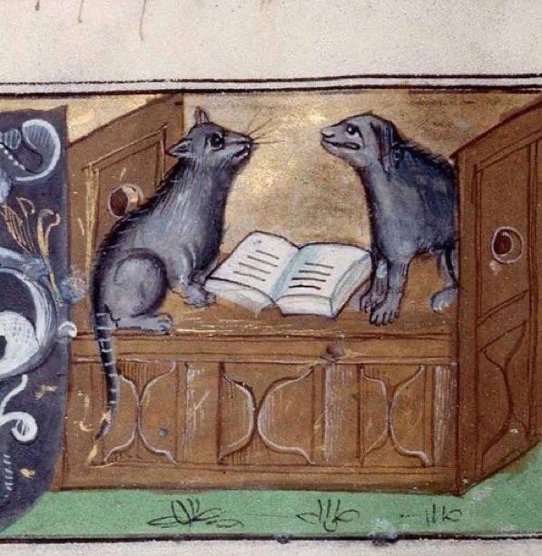 A medieval drawing of a cat and a dog on a bench with an open book between them