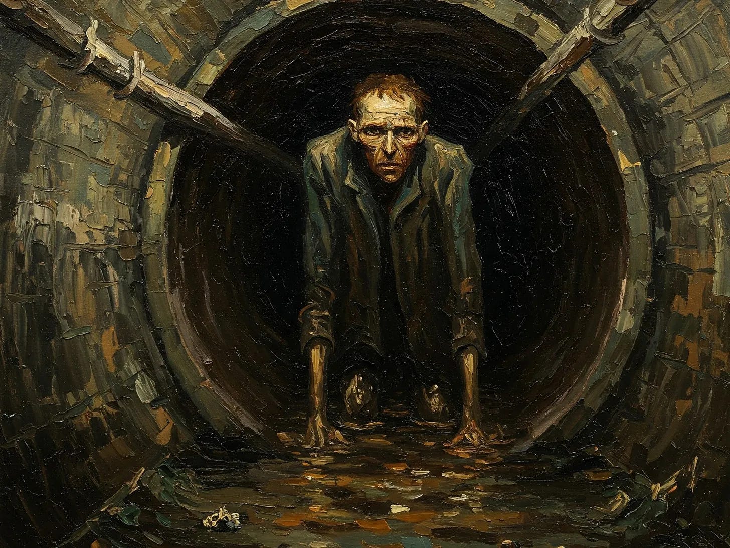 A man crawling through a sewer. Generated with Google Gemini.