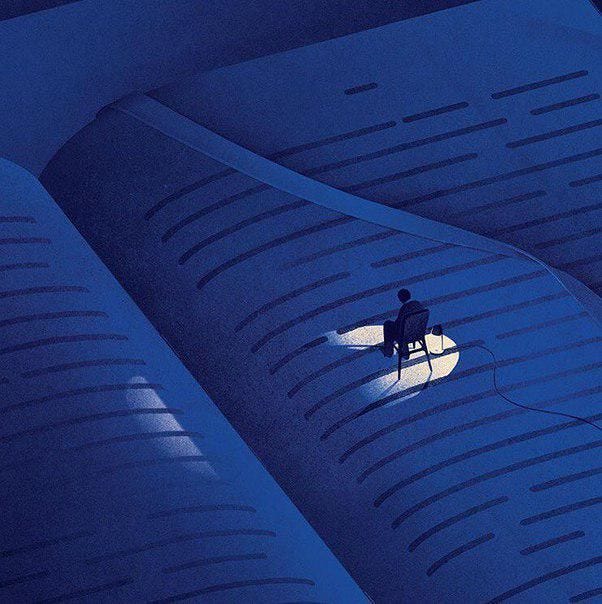 This may contain: a person sitting on a chair in the middle of an open book, with light shining through it