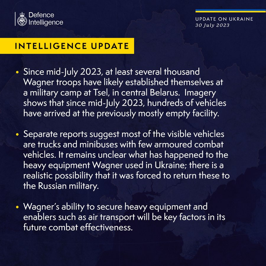 Latest Defence Intelligence update on the situation in Ukraine - 30 July 2023. Please see thread below for supporting imagery and full image text.