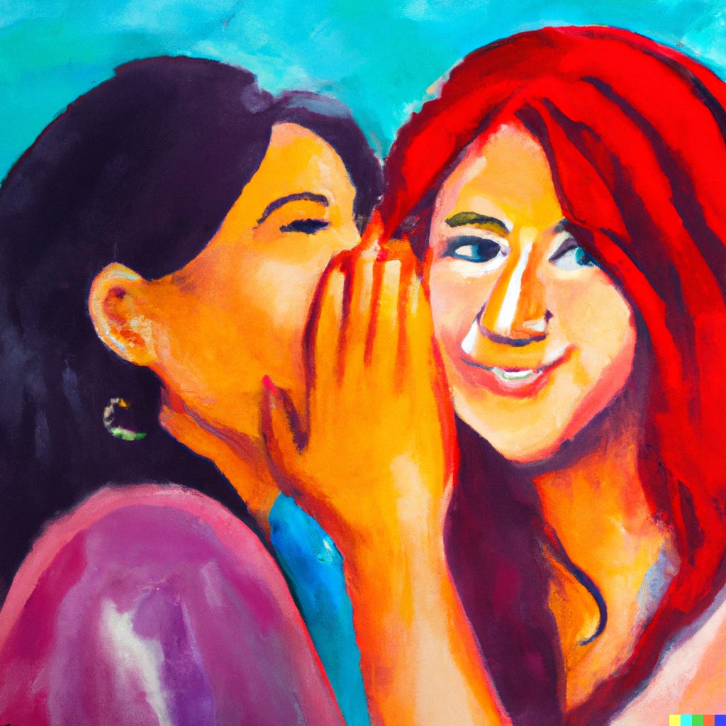 A colorful painting of a friend telling another friend a secret. The friend on the left has long brown hair and is covering her mouth and the friend's ear with a hand. The friend on the right has red hair and is smiling.