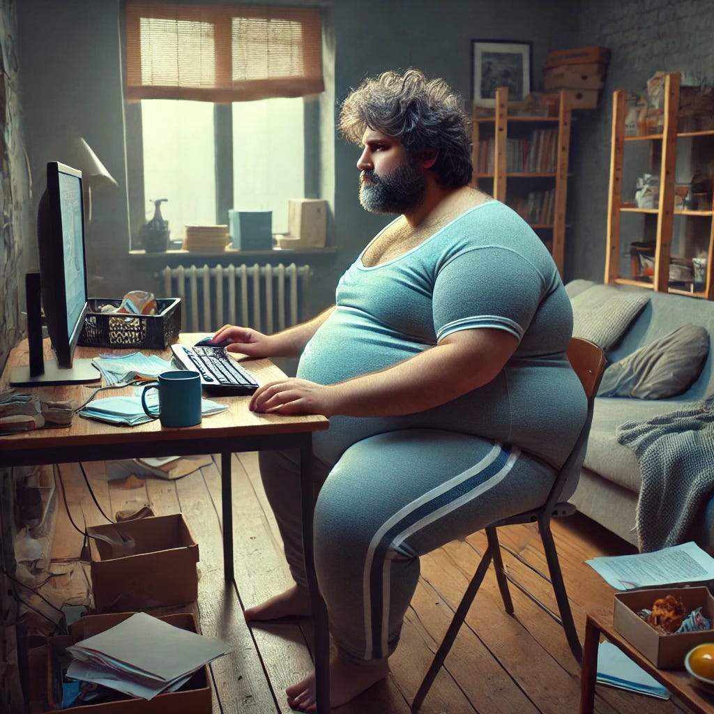 A large, disheveled man wearing a slightly wrinkled athletic jumpsuit is seated at his home computer desk. His hair is unkempt, and his posture is slouched as he sits in a cozy, cluttered room with some papers, a coffee mug, and a few snacks scattered around. The scene has a casual, realistic feel, capturing a relaxed but slightly messy home environment. His facial expression shows focus on the computer screen, with a comfortable, everyday setting in the background, including a couch and a few books on a shelf.