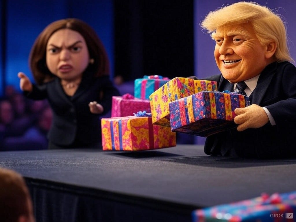 So far, Trump 2.0 has mostly been the gift that keeps on giving. God only knows where a Kuntala Harris presidency would have taken us! AI-generated image of Trump debating Kamala Harris