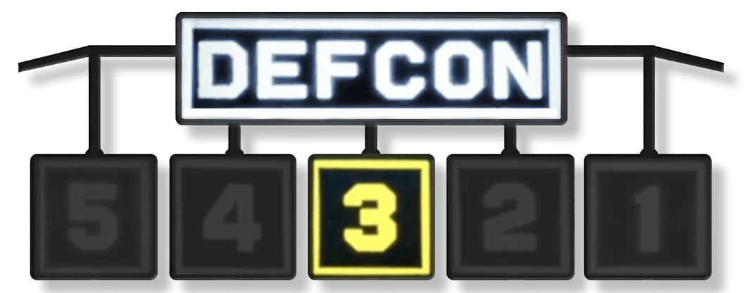 DEFCON 3 sign is shown with 3 lit in yellow. All other numbers inactive.